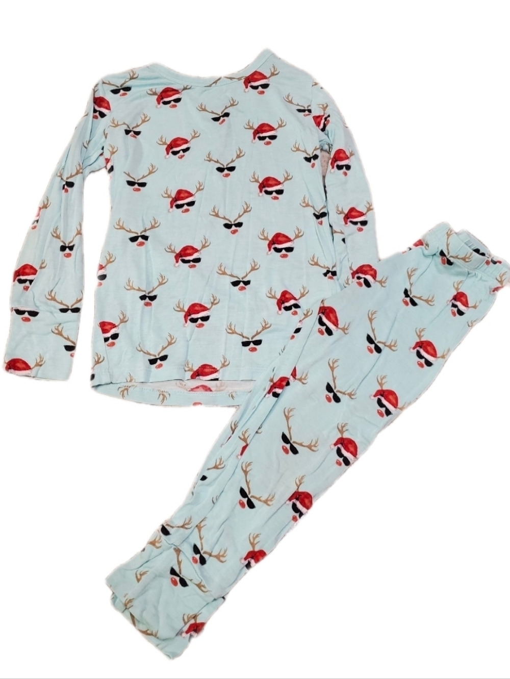 Posh Peanut Light Blue Rudy Reindeer Pajama Set with Red Santa Hats 4t